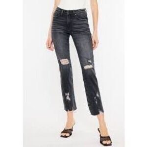 KANCAN Women’s Dark Wash Charcoal Mid Rise Ankle Straight Ripped Jeans Size 30 S